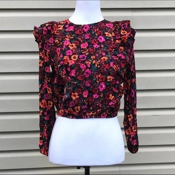 Wild Fable Women's Size Small Black Floral Ruffle Blouse Long Sleeve Cottagecore - Picture 3 of 8